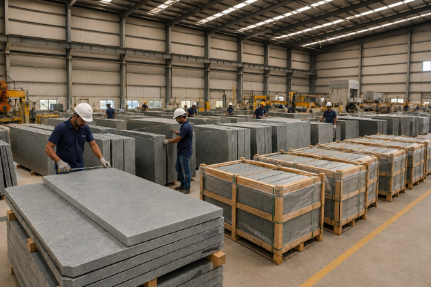 Premium Kota Stone slabs being inspected and prepared for dispatch in a modern natural stone processing facility